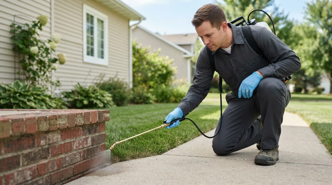 Pest control technician treating a home near Dunfermline, IL