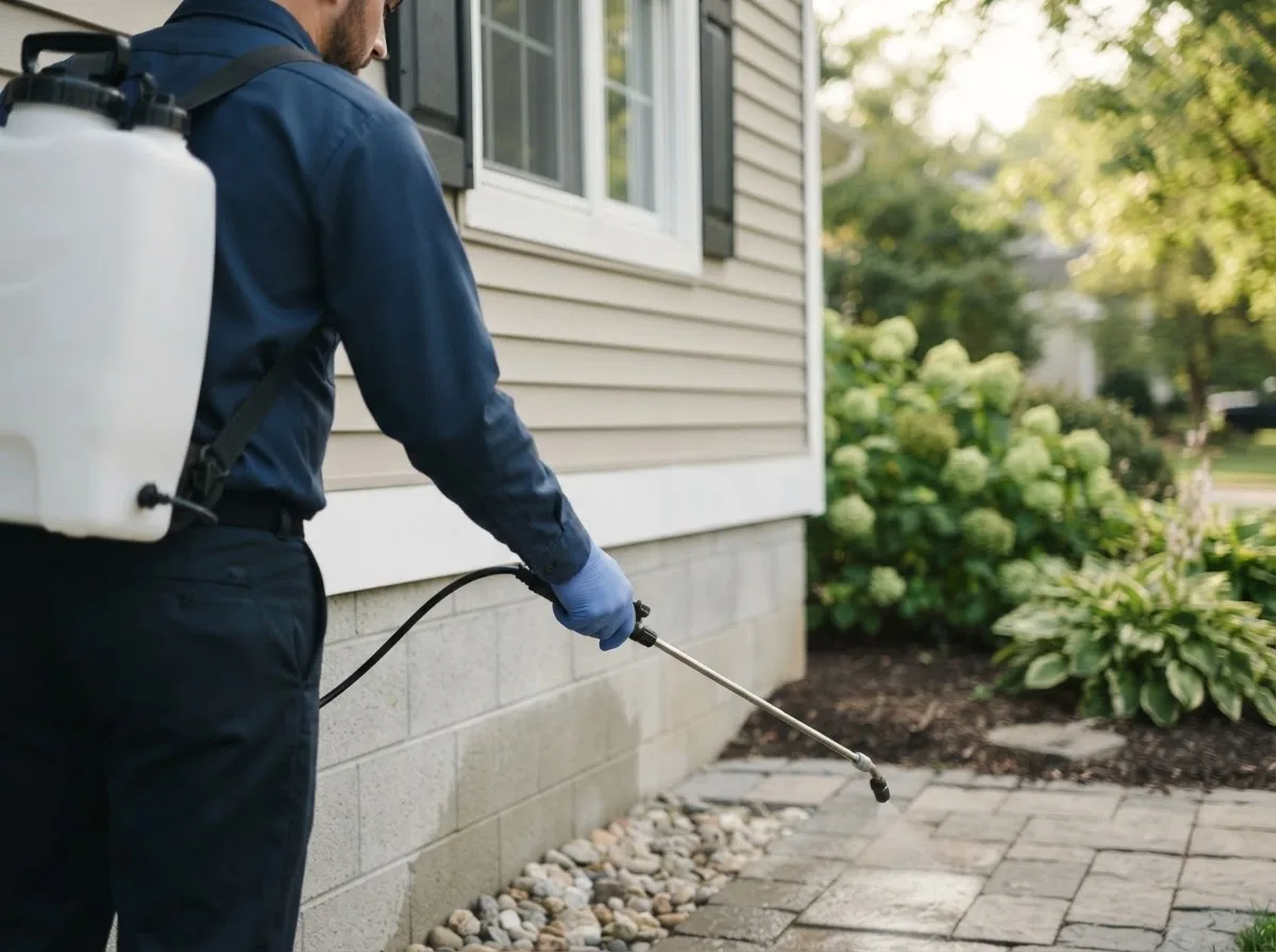 Pest control technician inspecting a home in Dunfermline, IL